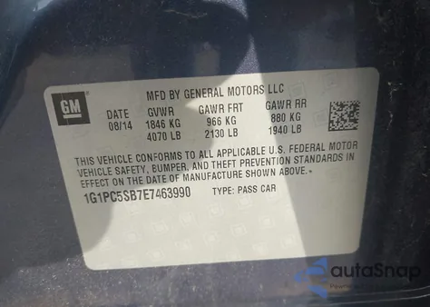 2014 Chevrolet Cruze 1Lt Auto z USA, uszkodzony, nr VIN 1G1PC5SB7E7463990